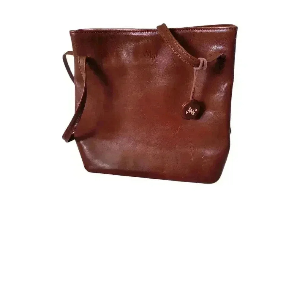 Monsac Cognac Brown Leather Tote Shopper Preppy Boho Chic Vintage Medium Size